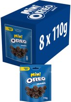 Doos met 8 zakjes Mini Oreo Original koekjes van 110g, met blauwe verpakking en afbeelding van mini koekjes.