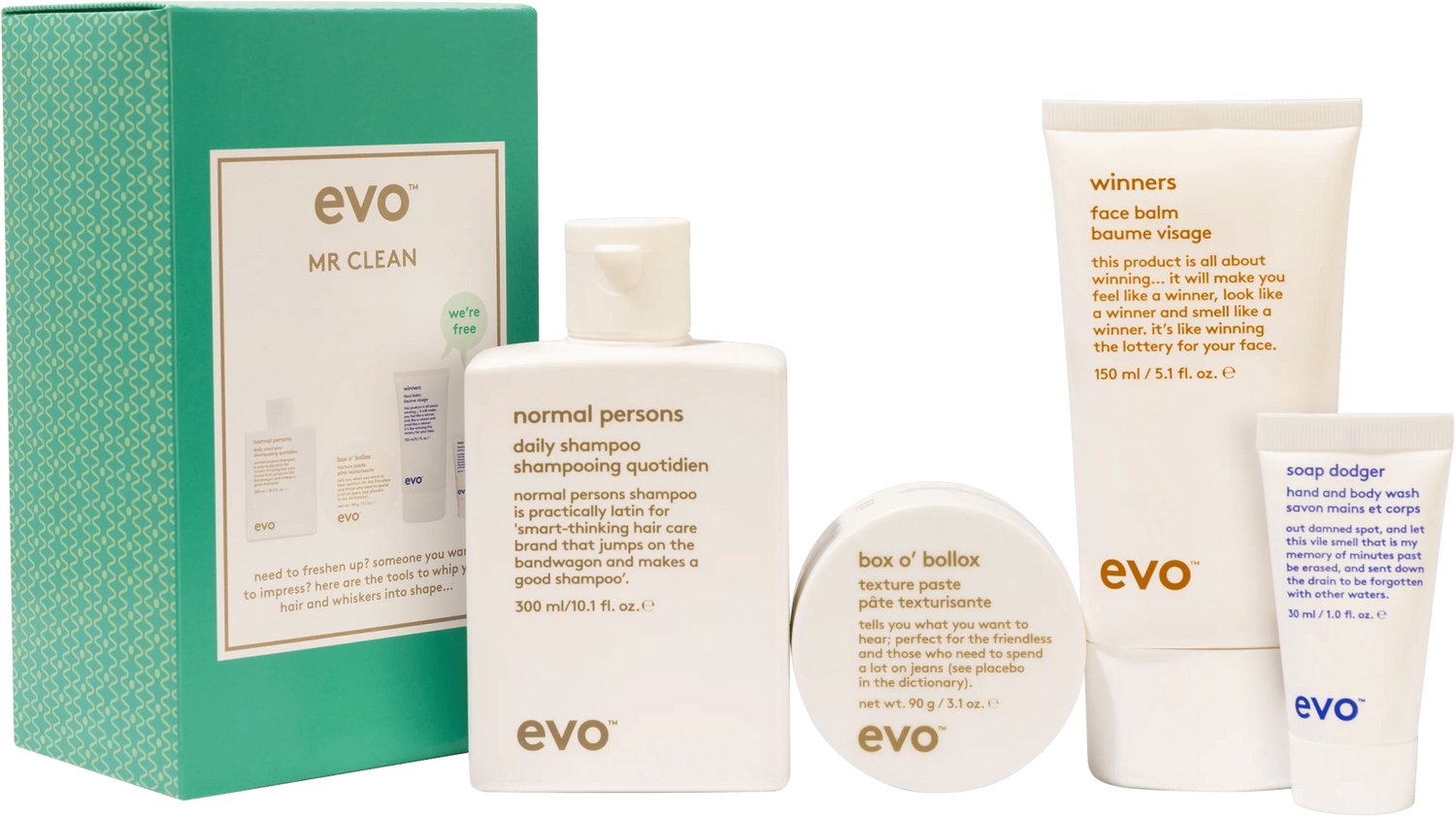 evo Mr. Clean Men's Pack – Normal Persons Daily Shampoo 300 ml, Box o' Bollox Texture Paste 90 g, Winners Face Balm 150 ml & Soap Dodger Hand & Body Wash 30 ml