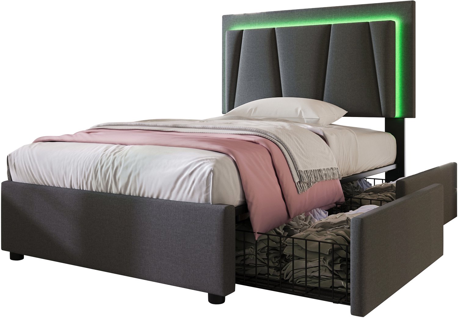 Eenpersoonsbed 90x200 cm - Gestoffeerd Bed Met Ledverlichting - Verstelbaar Hoofdbord, Twee Schuiflades En Houten Lattenbodem - Grijs