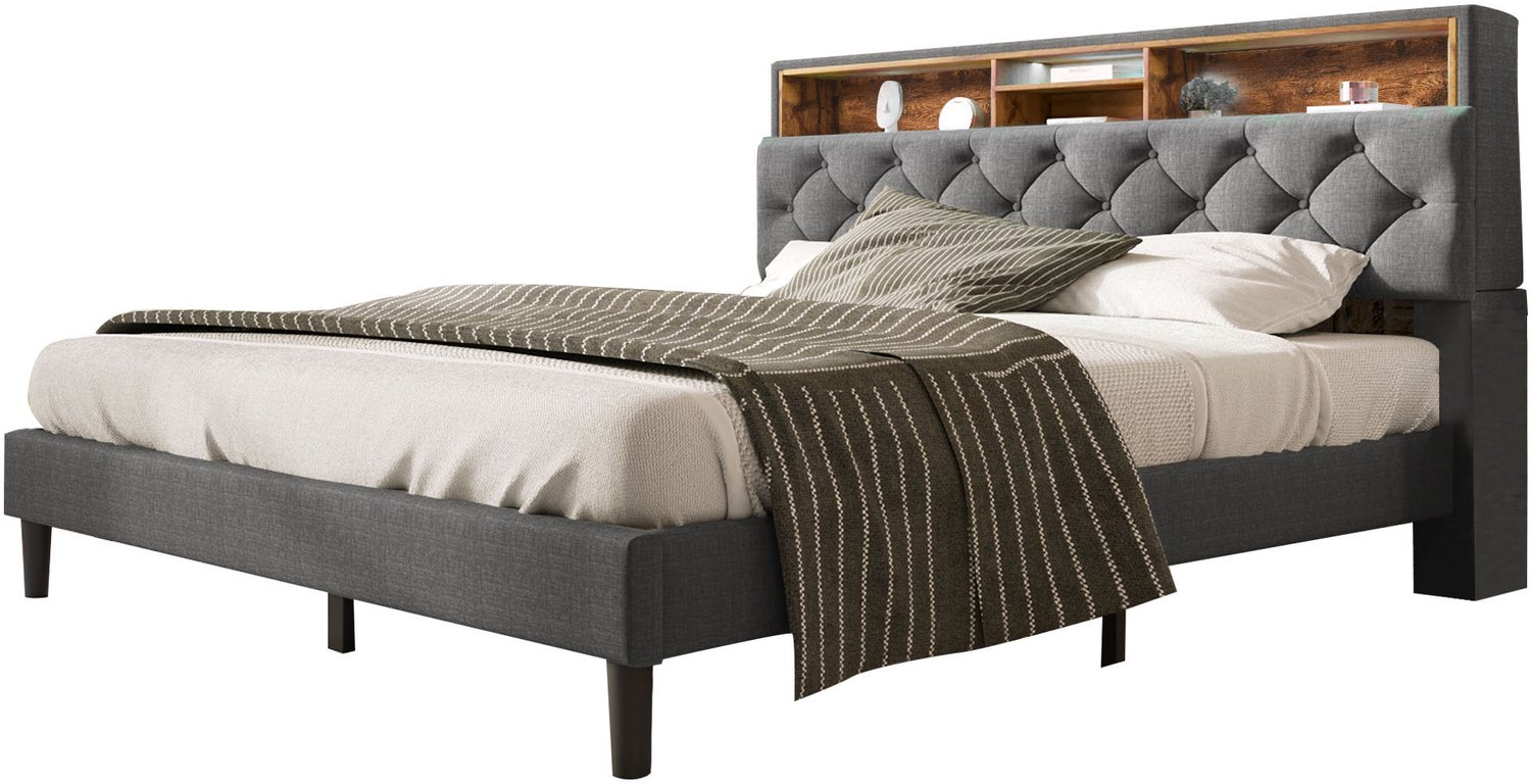 Gestoffeerd Bed 140x200 cm - Tweepersoonsbed Met Opberghoofdbord - LED-Verlichting En Houten Lattenbodem - Grijs Linnen