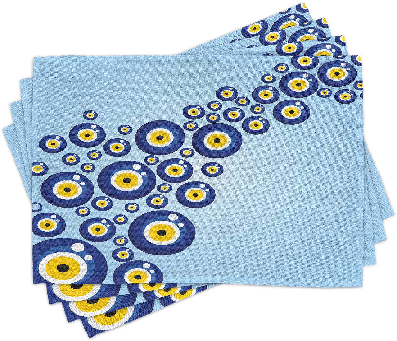 ABAKUHAUS Boze Oog Placemats Set van 4, Diagonaal Boze Oog Patroon Levendig Bescherming Turkse Cultureel, Wasbare Stoffen Placemats voor Eetkamer- en Keukentafeldecoratie, Blauw Lichtblauw Geel