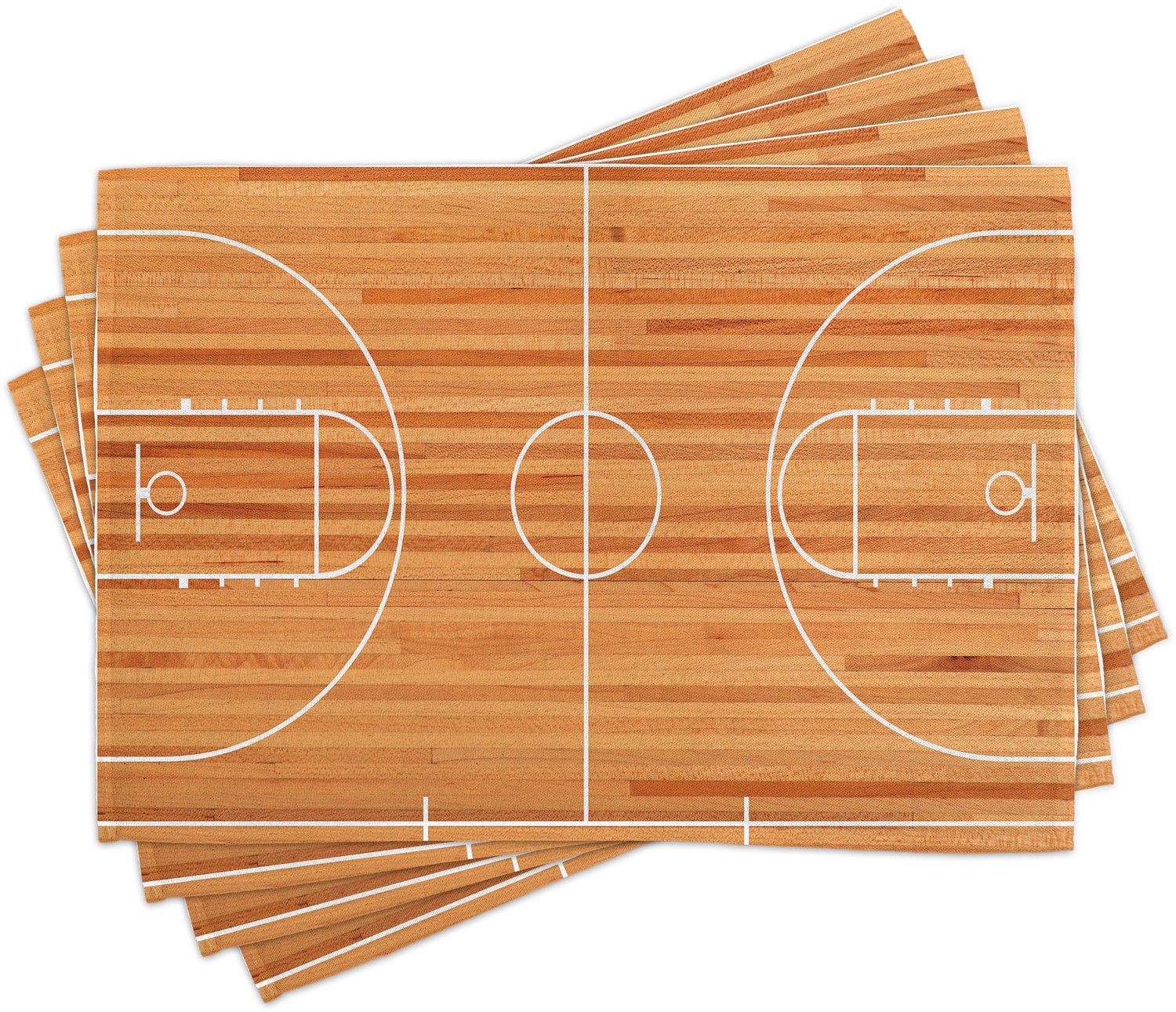 ABAKUHAUS Sport Placemats Set van 4, Standard Vloer Plattegrond op Parket Achtergrond Basketbal Veld Speelveld Print, Wasbare Stoffen Placemats voor de Eettafel, Standaardformaat, Bruin Wit
