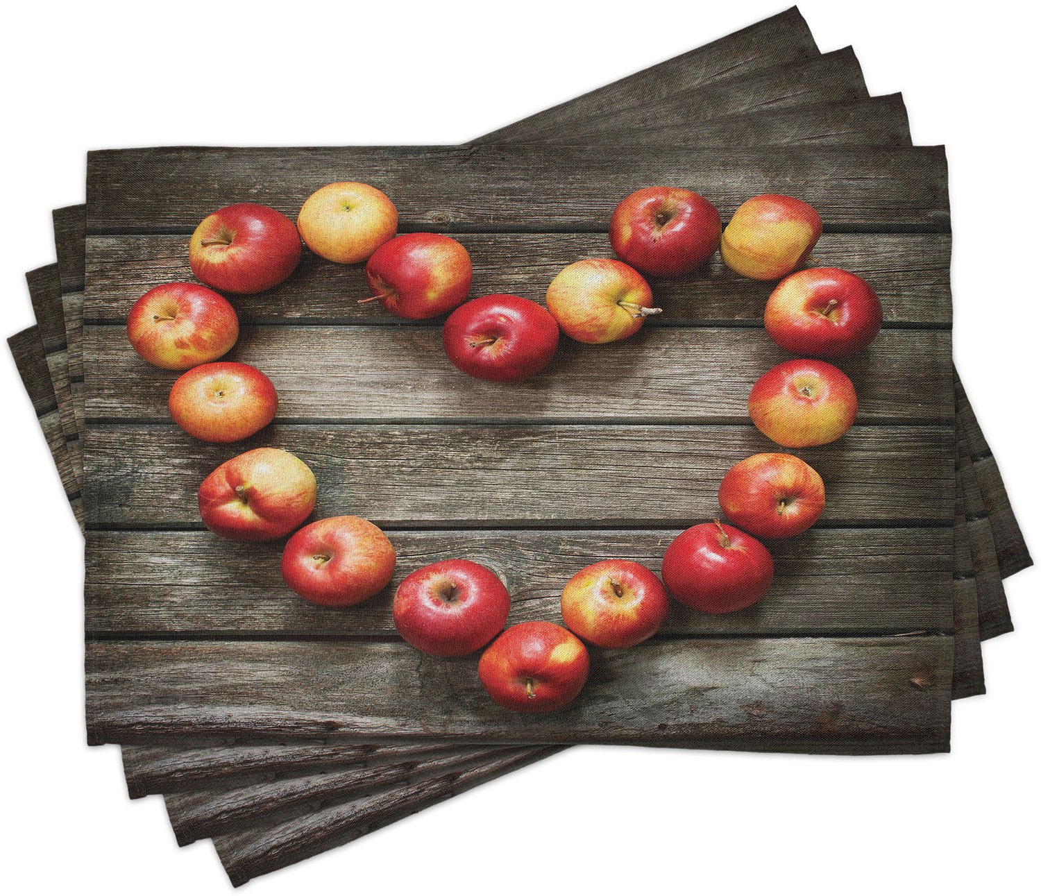 ABAKUHAUS Rustiek Placemats Set van 4, Grunge Houten Achtergrond met Appels in een Hart Vorm Fruit Thema Print, Wasbare Stoffen Placemats voor de Eettafel, Standaardformaat, Bruin en Donkerkoraal