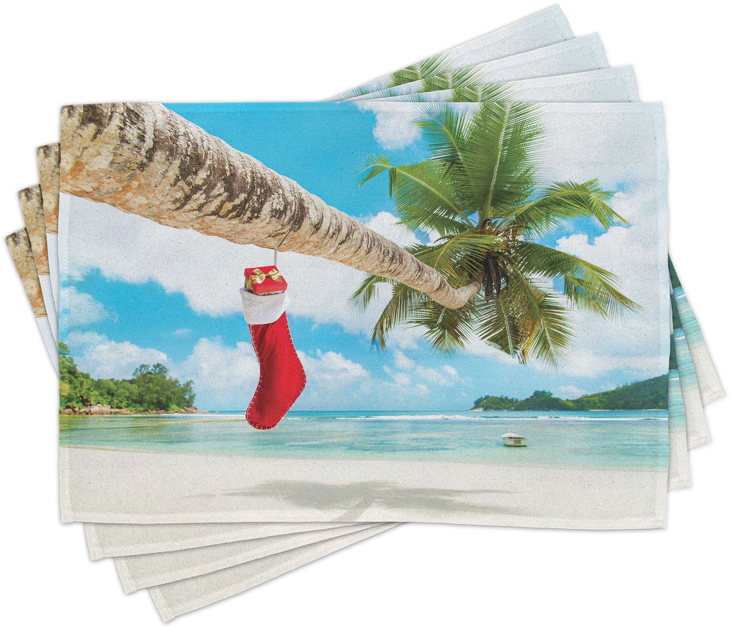 ABAKUHAUS Kerst Placemats Set van 4, Sok op de Palmboom Boom op Tropisch Zanderig Strand Eiland Malediven Ontwerp, Wasbare Stoffen Placemats voor de Eettafel, Standaardformaat, Groen Rood