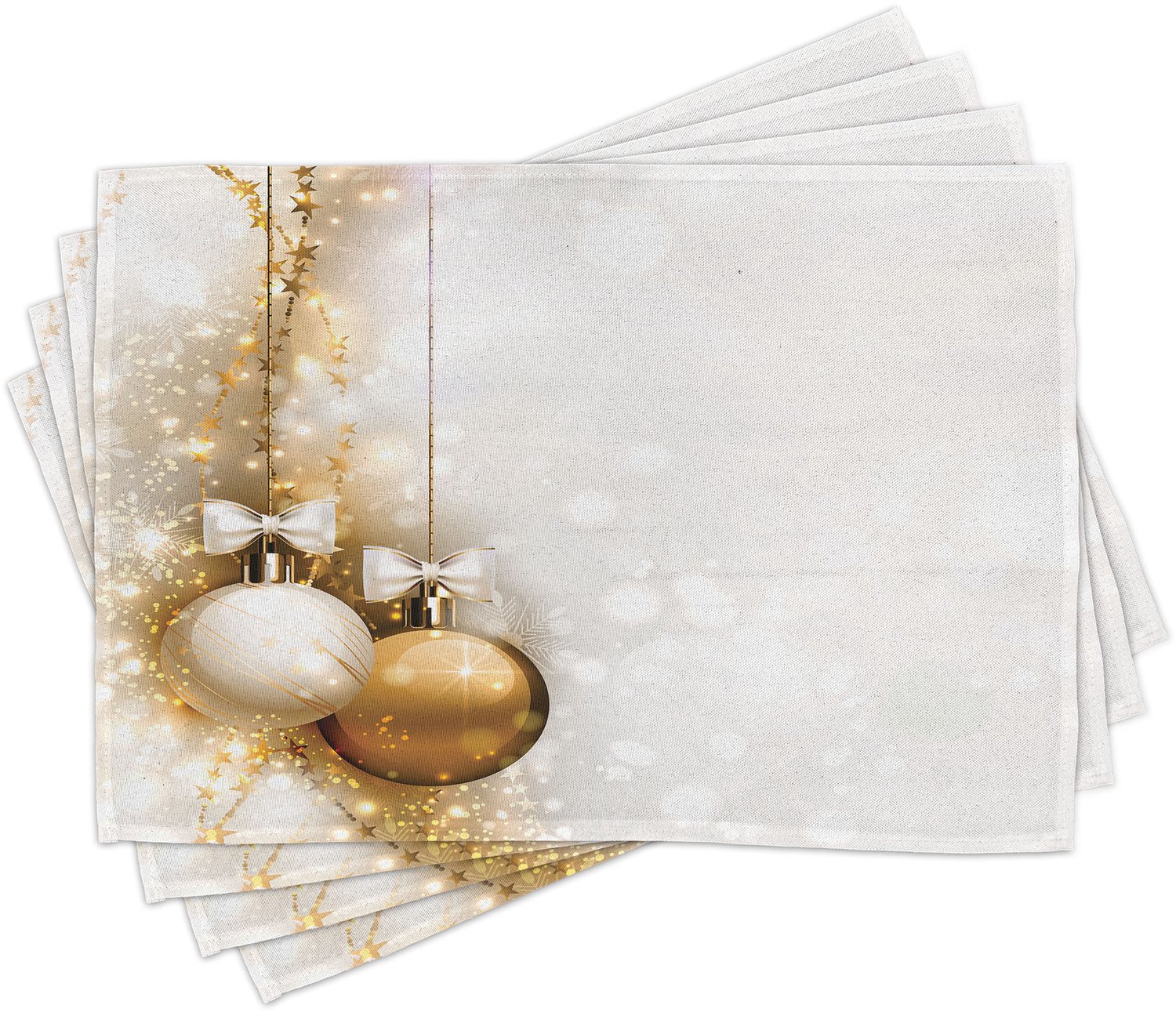 ABAKUHAUS Kerst Placemats Set van 4, Uitgelichte Kerst Kerstballen met Lint Feestdagen Wens Kunst Afbeelding Illustratie, Wasbare Stoffen Placemats voor de Eettafel, Standaardformaat, Wit Beige