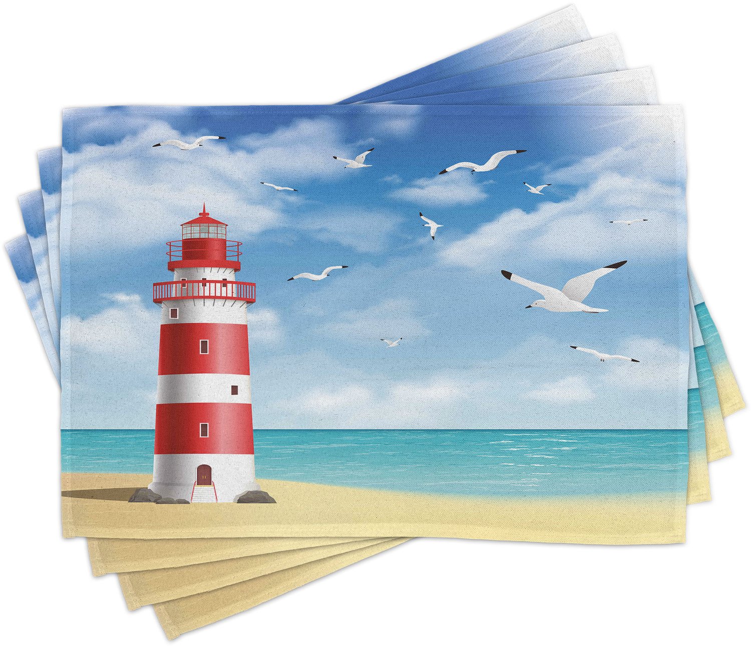 ABAKUHAUS Strand Placemats Set van 4, Realistische Illustratie Vuurtoren op Rustige Kust Vliegende Meeuwen Oceaan Landschap, Wasbare Stoffen Placemats voor de Eettafel, Standaardformaat, Vermiljoen Blauw