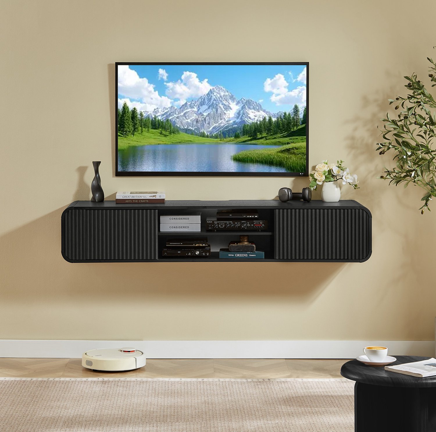 DESMIU Zwevend Tv-Meubel - Open Vakken en Kabeldoorvoer - voor Woonkamer en Slaapkamer - Spaanplaat - Zwart - 160x38x30 cm