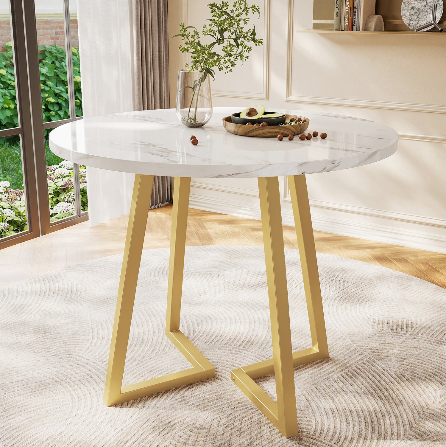Maisentiel Ronde eettafel met marmerpatroon – MDF en metaal – wit – Ø 80 x 75 cm