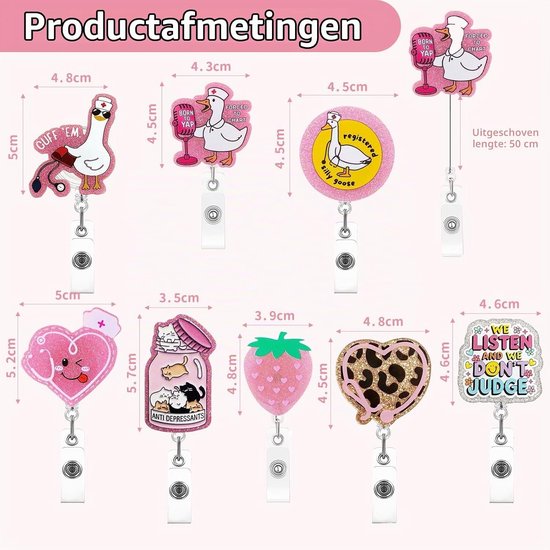 Schattige badge reels voor verpleegkundigen - 8 stuks, perfect als cadeau voor zorgprofessionals, met kleurrijke ontwerpen en praktische functionaliteit — afbeelding 5
