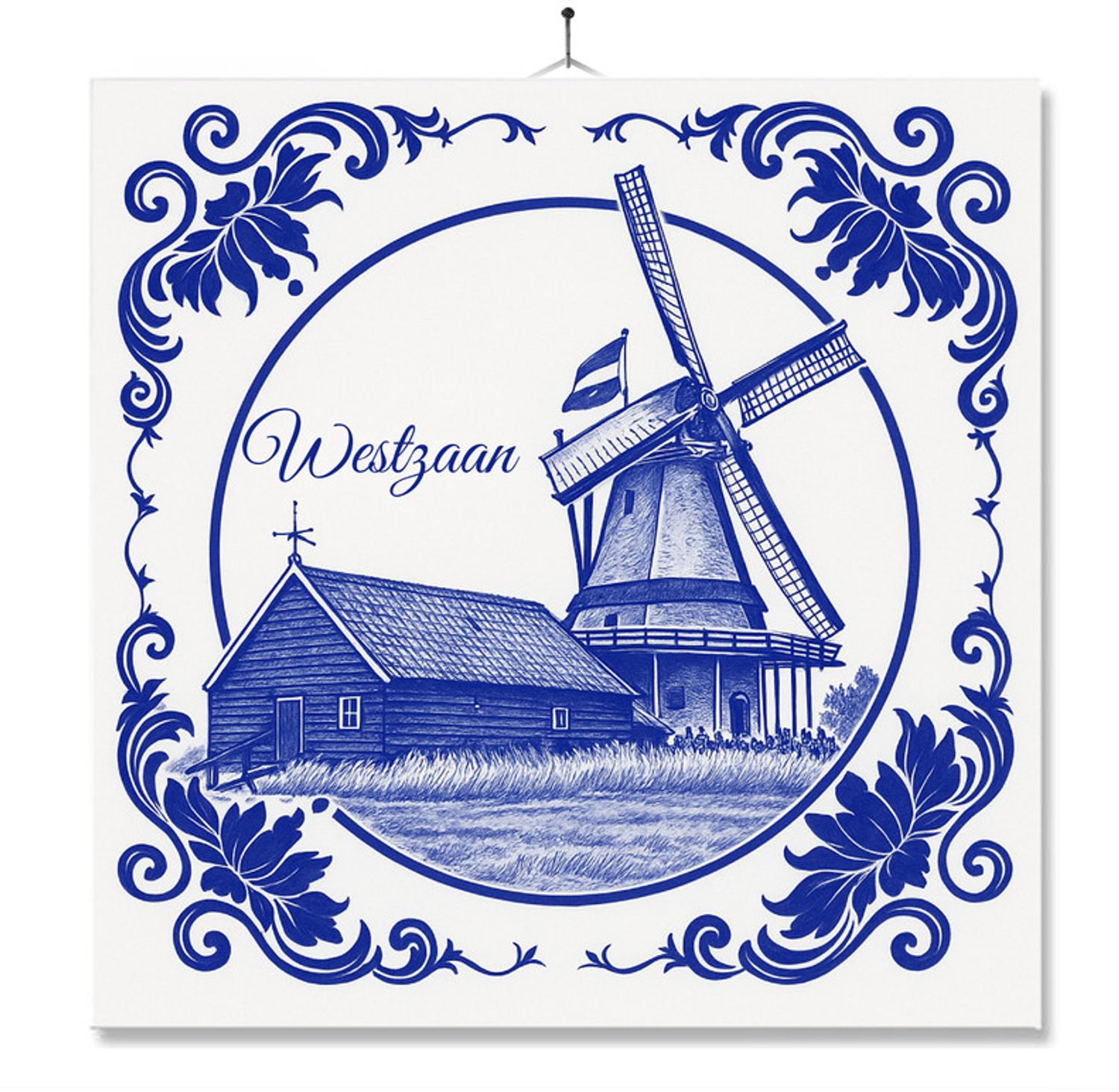 MC Living Tegel Met Opdruk | Westzaan | Delft Blauw | Cadeau | Inclusief Geschenkdoos | Standaard | Ophangsysteem