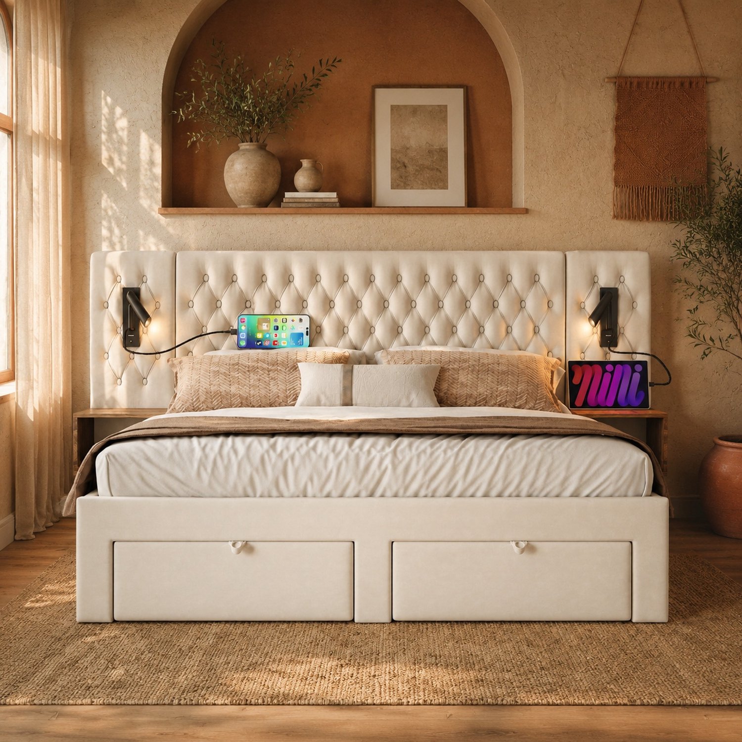 Maisentiel Gestoffeerd tweepersoonsbed 160 x 200 cm – beige fluweel, 2 nachtkastjes en 4 laden