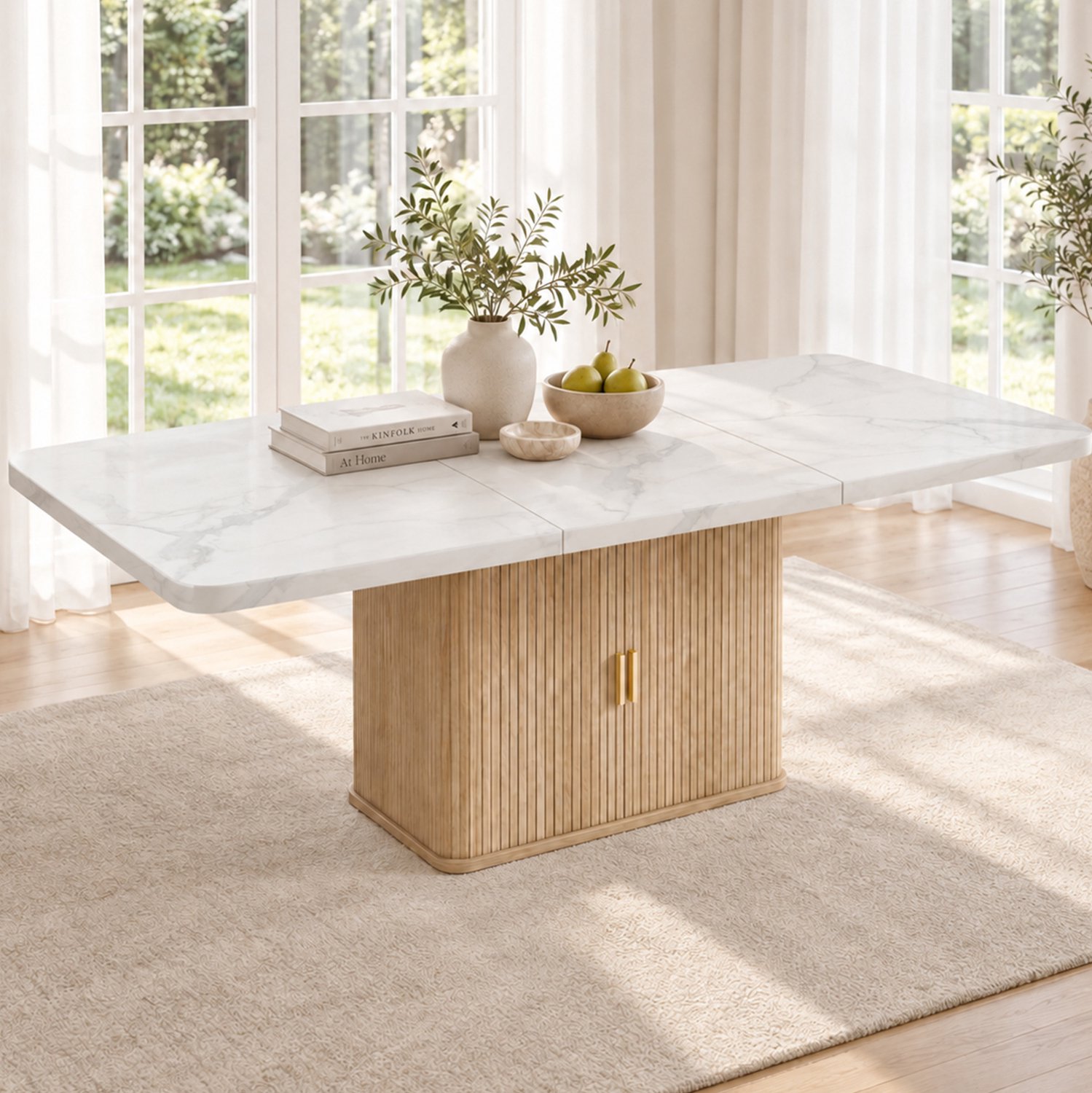 DESMIU Eettafel - Uitschuifbaar Met Opbergruimte - Voor 6 Tot 8 Personen - MDF Met Witte Marmerlook En Eikenkleur - 150 Tot 200 x 90 x 75 Cm Wit en eikenkleur