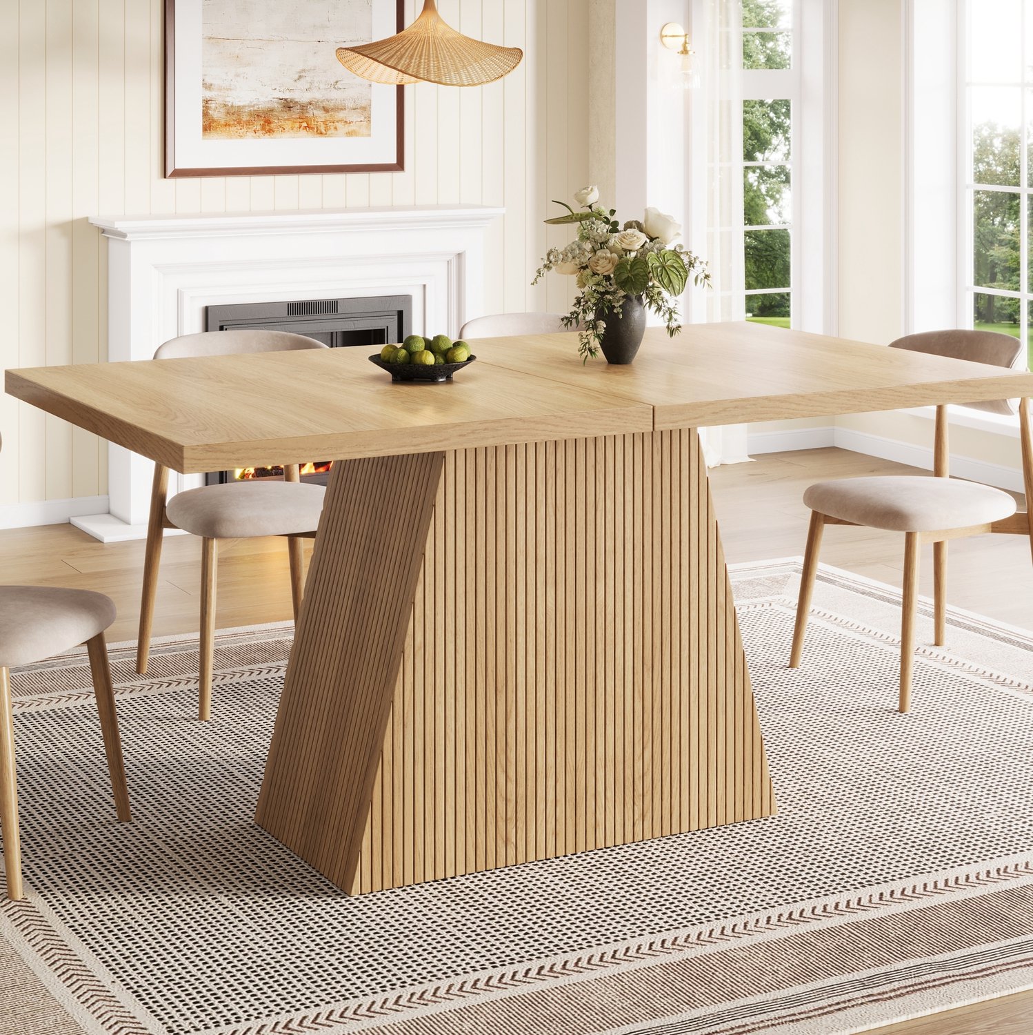 HAUSS SPOLE Eettafel - Uitschuifbaar Voor 4 Tot 6 Personen - Gegroefde Poten Voor Eetkamer - MDF En Metaal - Licht Eiken - 120/160 x 80 x 76 cm