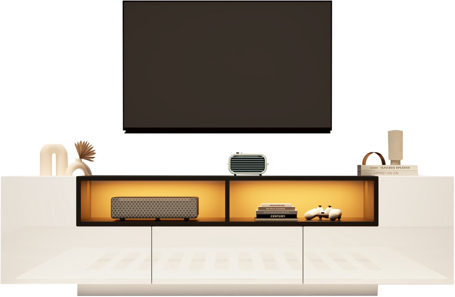 Maisentiel Tv-meubel 180 cm wit en zwart met LED-verlichting, lade en open opbergruimte