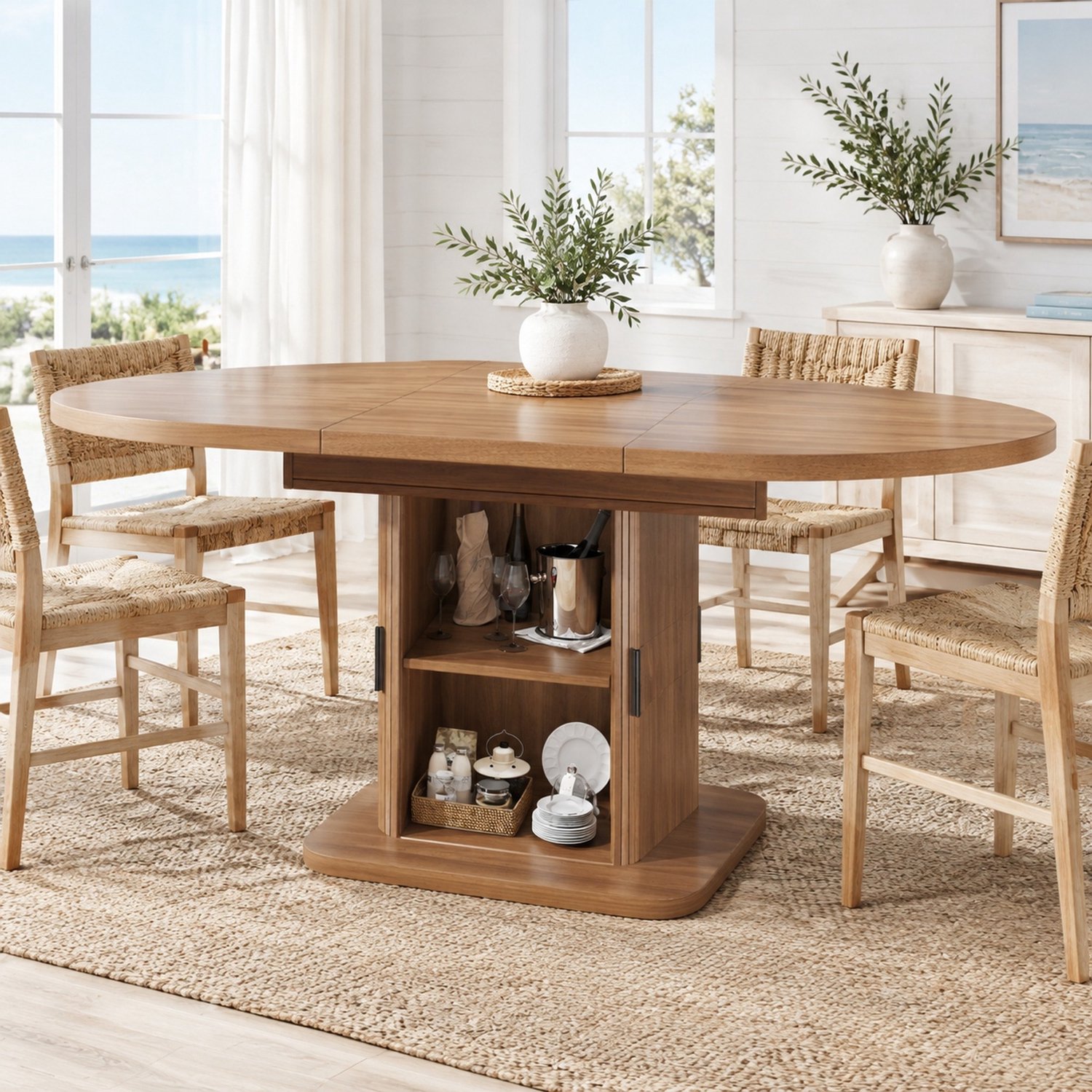 Maisentiel Uitschuifbare ovale eettafel met opbergruimte – walnootlook – 110 tot 149,8 cm Walnootkleur