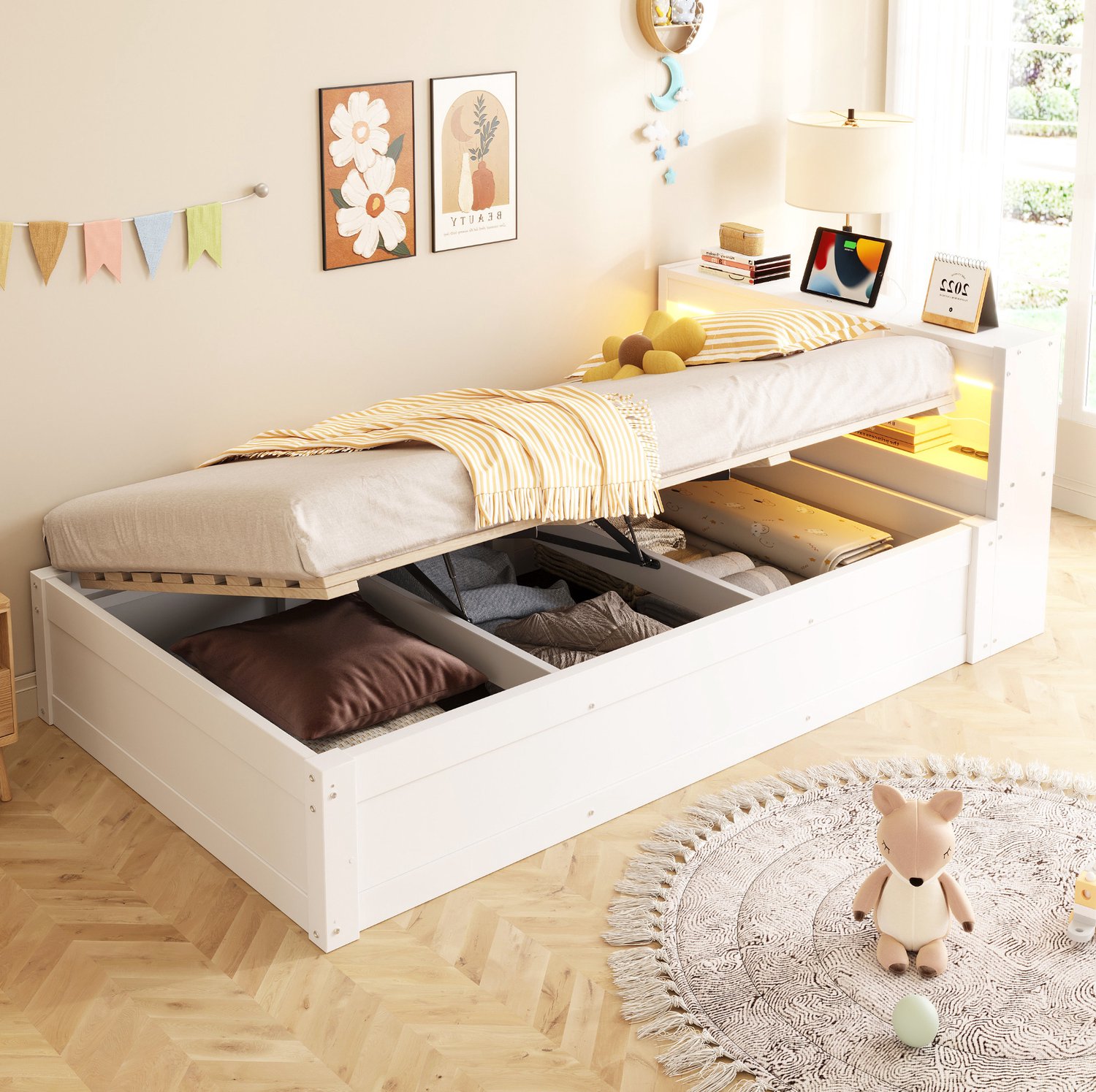 Maisentiel Eenpersoonsbed 90 x 200 cm met opbergruimte, LED-verlichting en stopcontact - wit