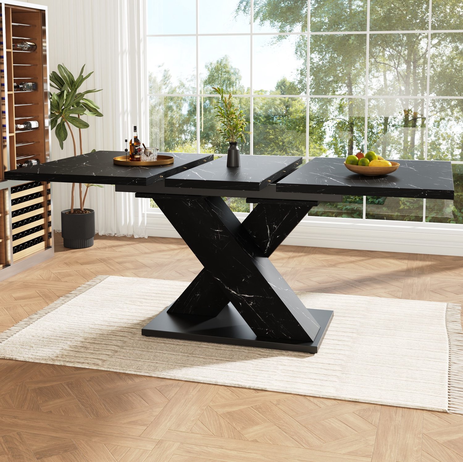 Maisentiel Uitschuifbare eettafel met X-poot – zwart marmerlook – ca. 119-159 x 80 x 75 cm
