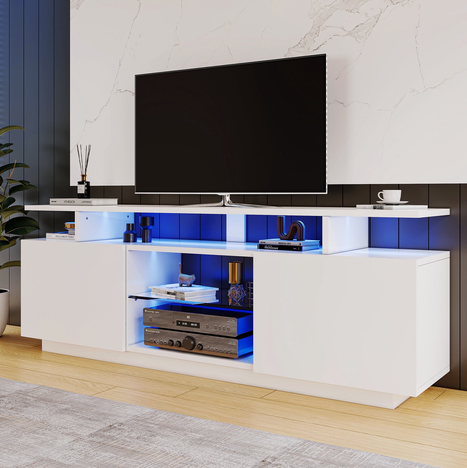 Maisentiel Wit tv-meubel 140 cm met appgestuurde LED-verlichting, 2 deuren en 5 open vakken