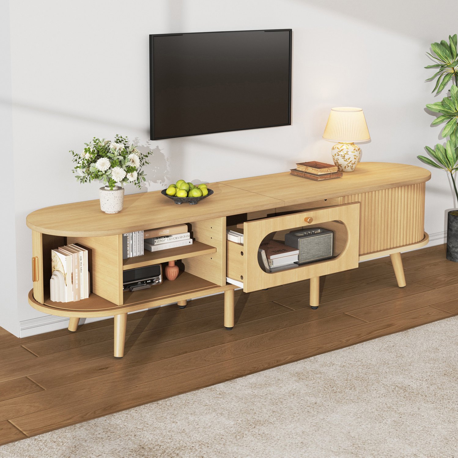 DESMIU Tv-Meubel - 2 Roldeuren en 1 Lade met Transparant Acrylaatfront - voor Televisies tot 70 Inch - MDF - 170 x 40 x 43 cm - Naturelkleurig
