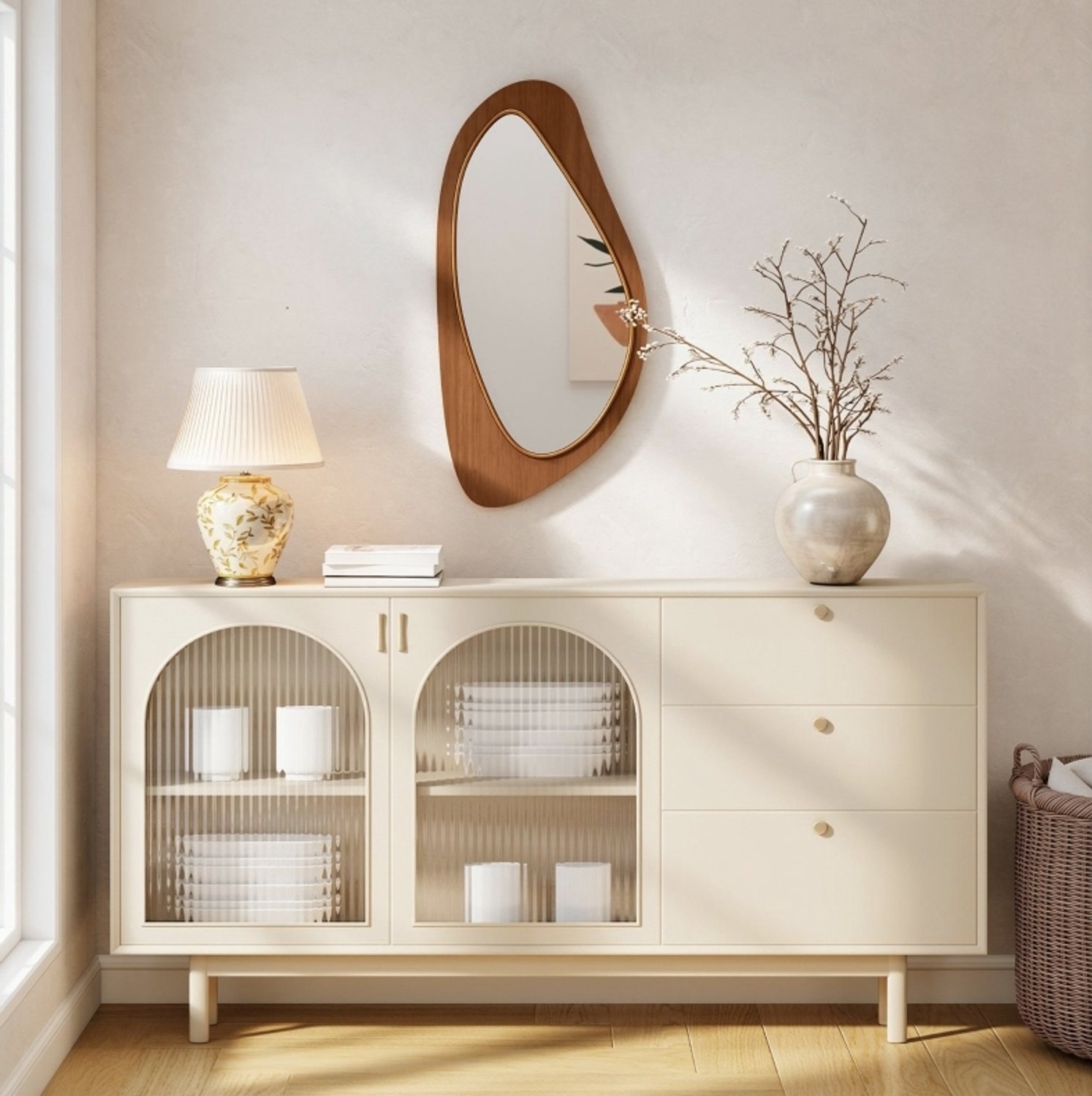 HAUSS SPOLE Wandspiegel Golvend – 91,5 x 45 x 3 cm – Glas, Grenenfineer en MDF – Natuurlijke Houtkleur – voor Hal, Woonkamer en Slaapkamer Naturel hout