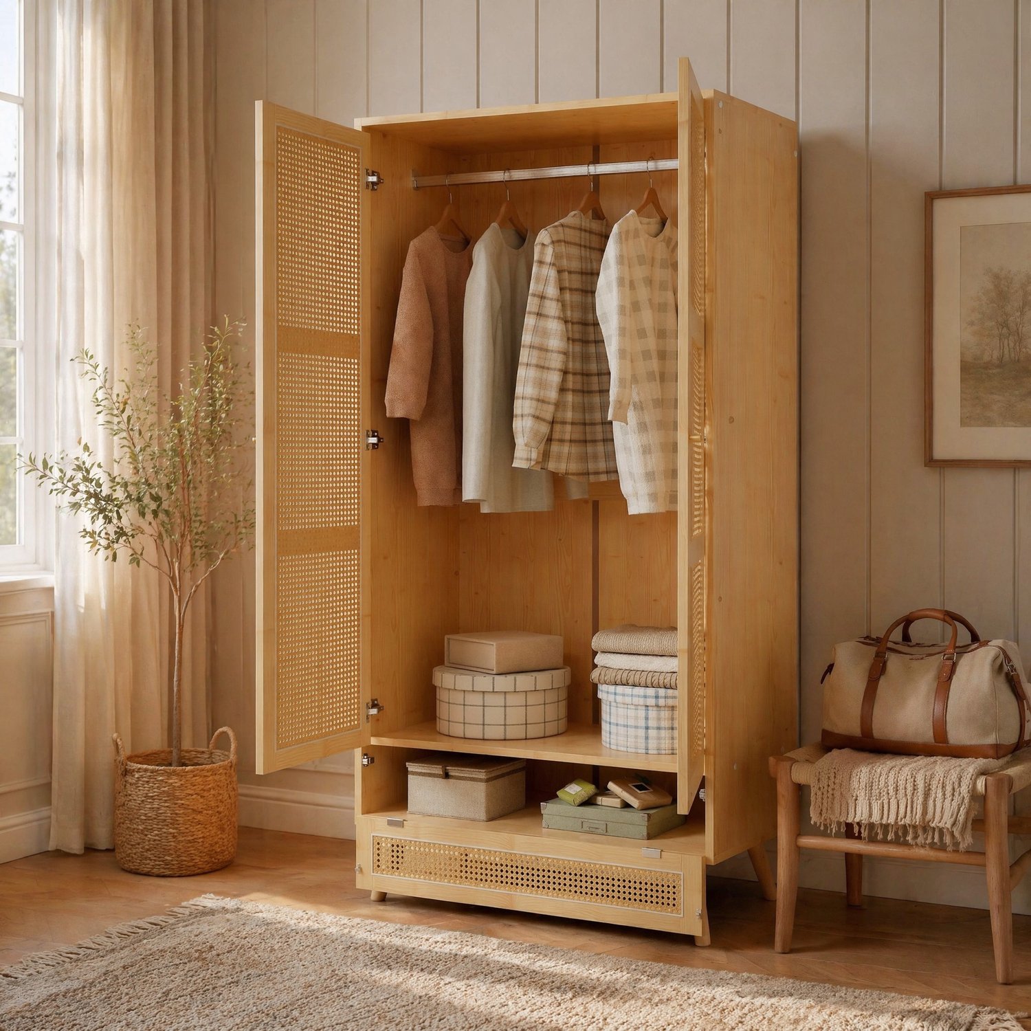 HAUSS SPOLE Kledingkast - 2 Deuren met Kledingroede en Opbergvak - Voor Slaapkamer en Woonkamer - Spaanplaat en PE-Rotan - 90x45x183 cm - Naturel