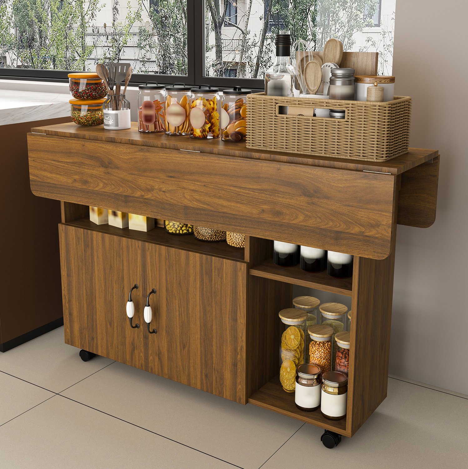 STILVORA Eettafel - Opklapbaar met Opbergruimte en 5 Wielen - voor Keuken en Werkruimte - MDF in Lichte Walnootkleur - 110x70x80 Cm