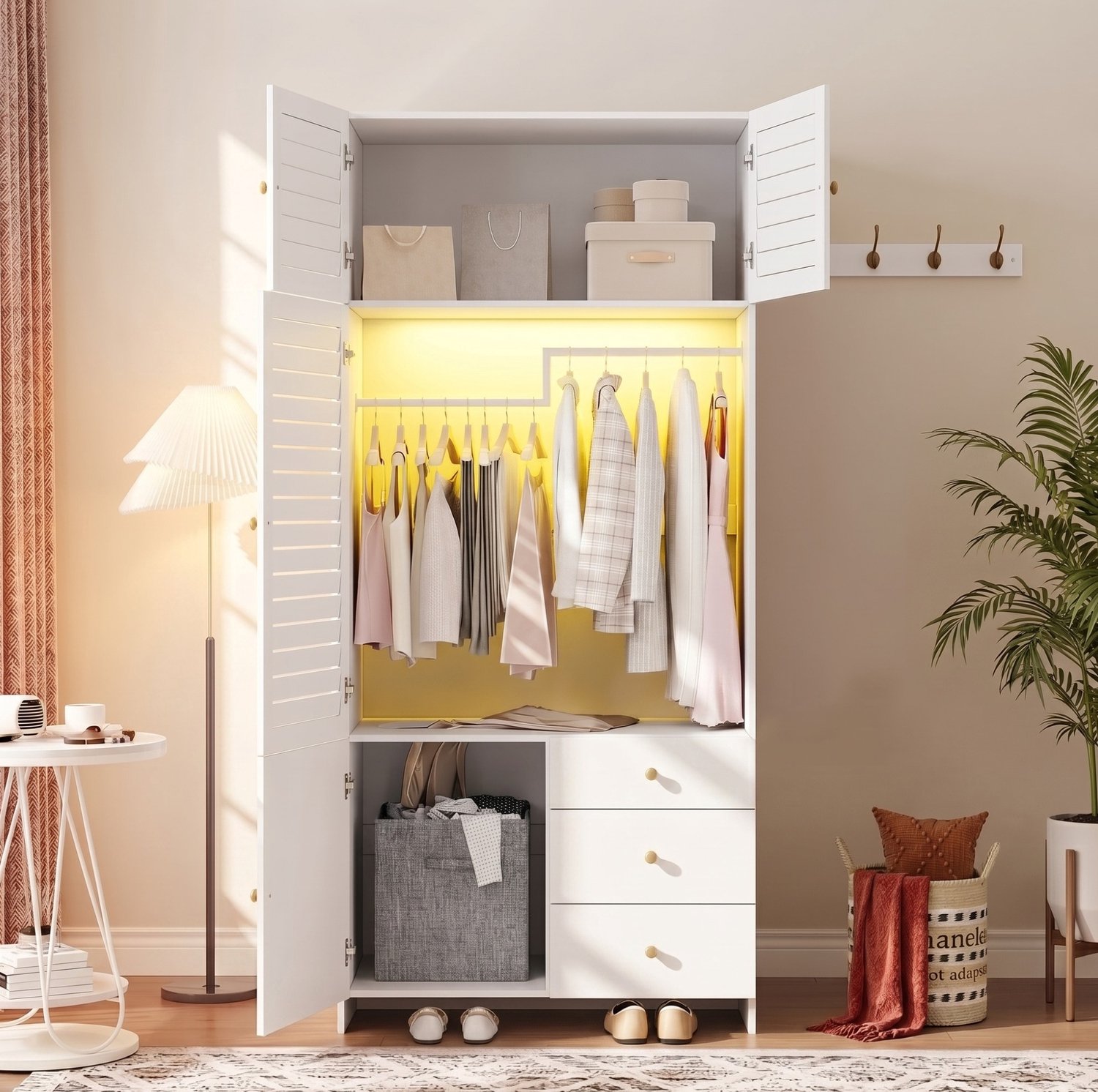 HAUSS SPOLE Kledingkast - Ledverlichting En Uitneembare Wasmand - 3 Lades Voor Slaapkamer En Kinderkamer - Spaanplaat - Wit - 90 x 50 x 200 cm