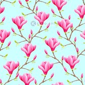 Schilderij - roze Magnolia bloemen naadloos patroon, premium print , 3 maten , Wanddecoratie