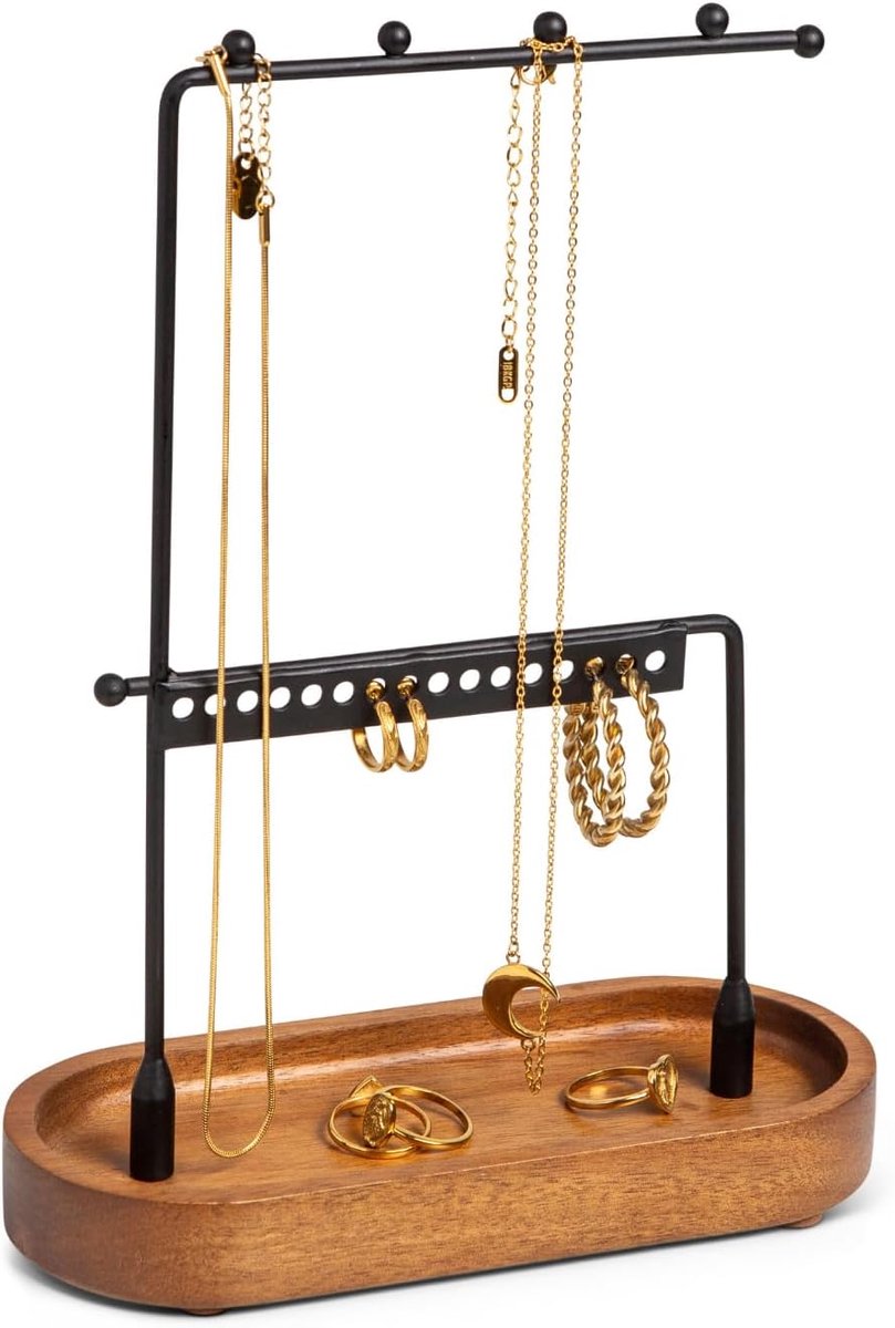 SnelShoppen - Jewelry Holder Stand | Matte Black Metal Jewelry Organizer met Acacia Tray voor Ringen, Oorbellen, Armbanden en Kettingen | Minimalistis