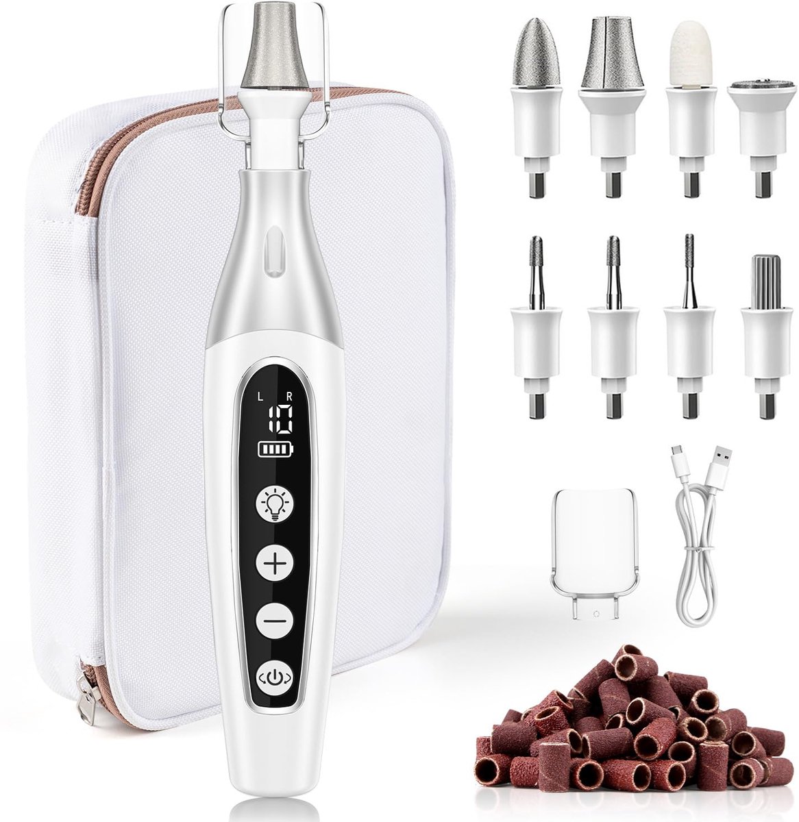 SnelShoppen - Elektrische Nagelvijl Set - Manicure Pedicure Kit met 8 Opzetstukken - Voetverzorging met 10 Snelheden en LED-Licht - Inclusief Opbergta