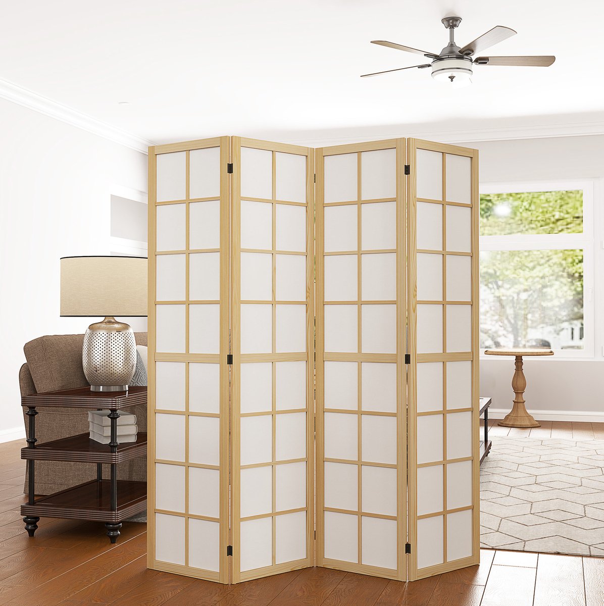 MIVRAY Kamerscherm – Opvouwbare Privacyverdeler – 160 x 170 cm – Hout en Stof – Naturel – Voor Woonkamer en Kantoor – Vier Panelen