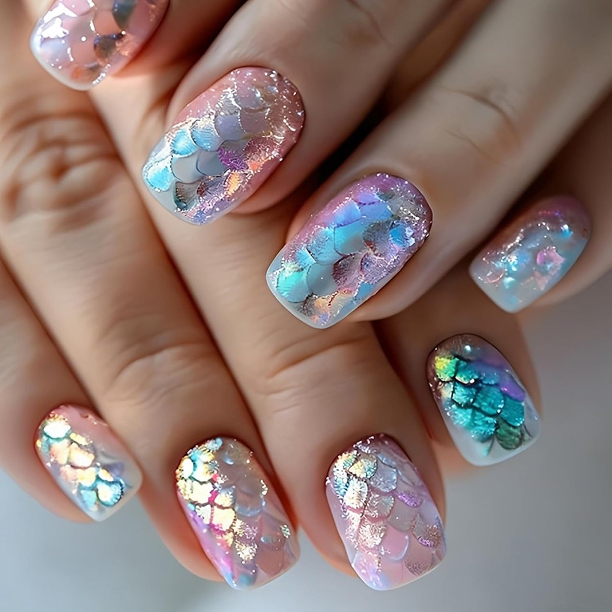 24 stuks press-on nagels, kort, vierkant, 3D-visschubbennagels om op te plakken, zomer, Franse nepnagels, acryl, volledige dekking, kunstnagels, natuurlijke valse nagels voor vrouwen en meisjes