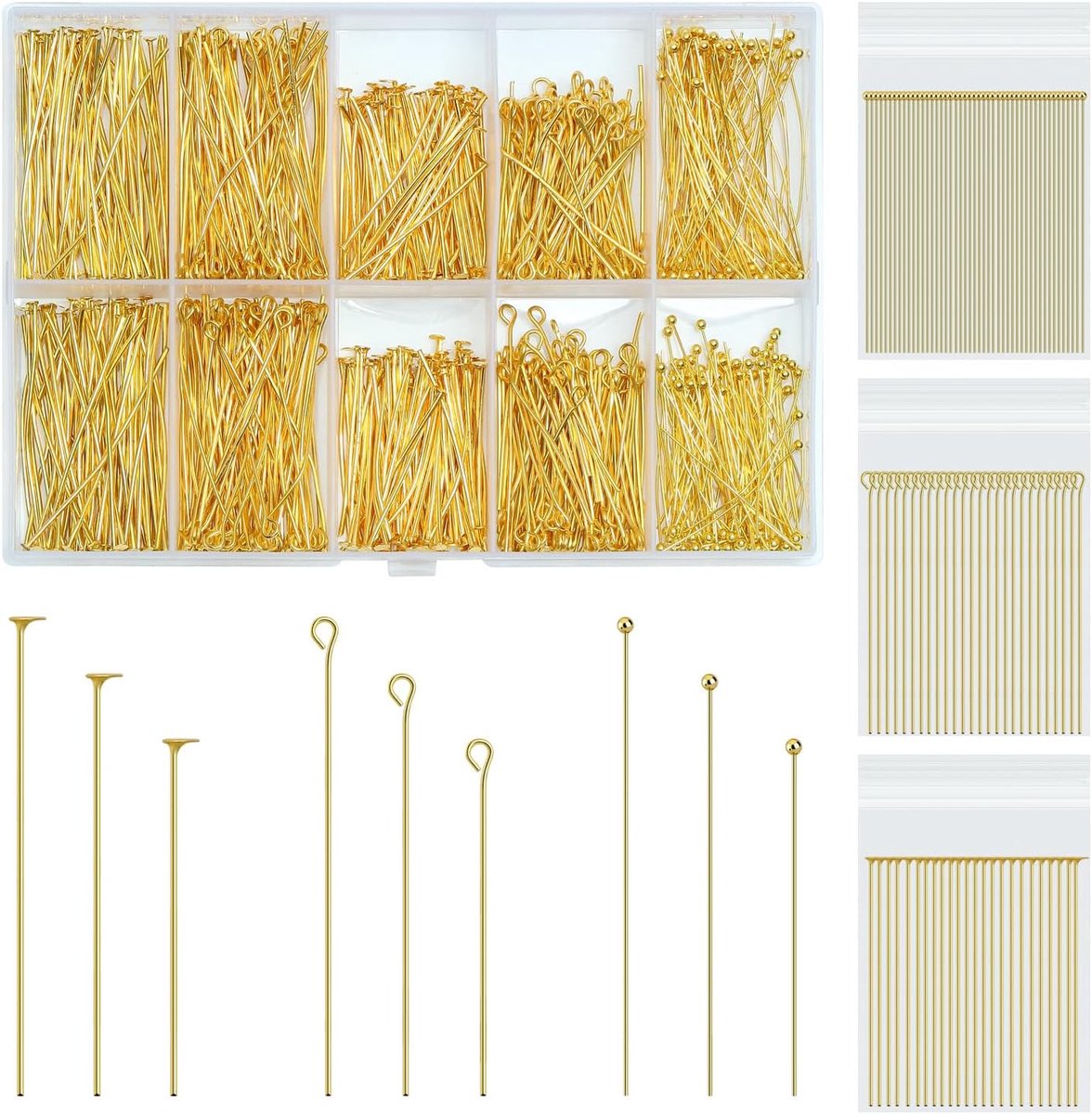 1080 stuks sieraden maken gouden oogpennen platte kop pennen kogelkoppennen 30/40/50 mm, metalen ogen, verschillende koppennen voor oorbellen, hangers, kralen, sieraden, doe-het-zelf