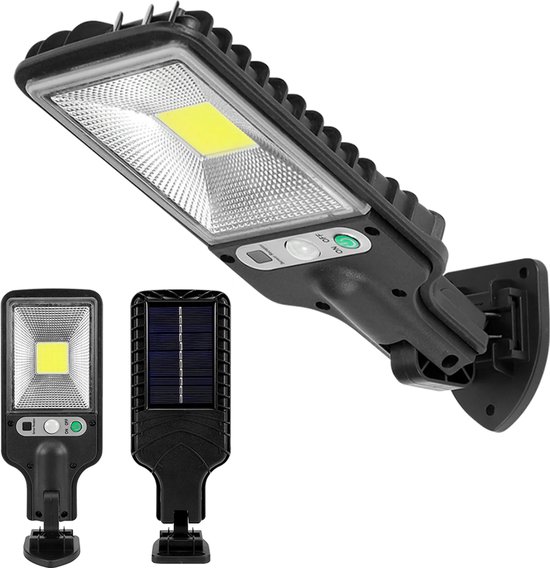 Lampadaire LED noir à énergie solaire avec détecteur de mouvement, en trois vues.