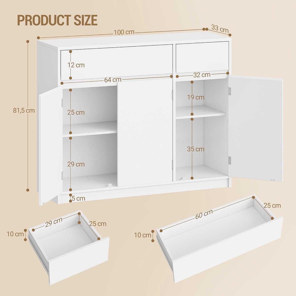 Dressoir 33 x 100 x 81,5 cm met 2 lades en 3 verstelbare planken - Industrohome