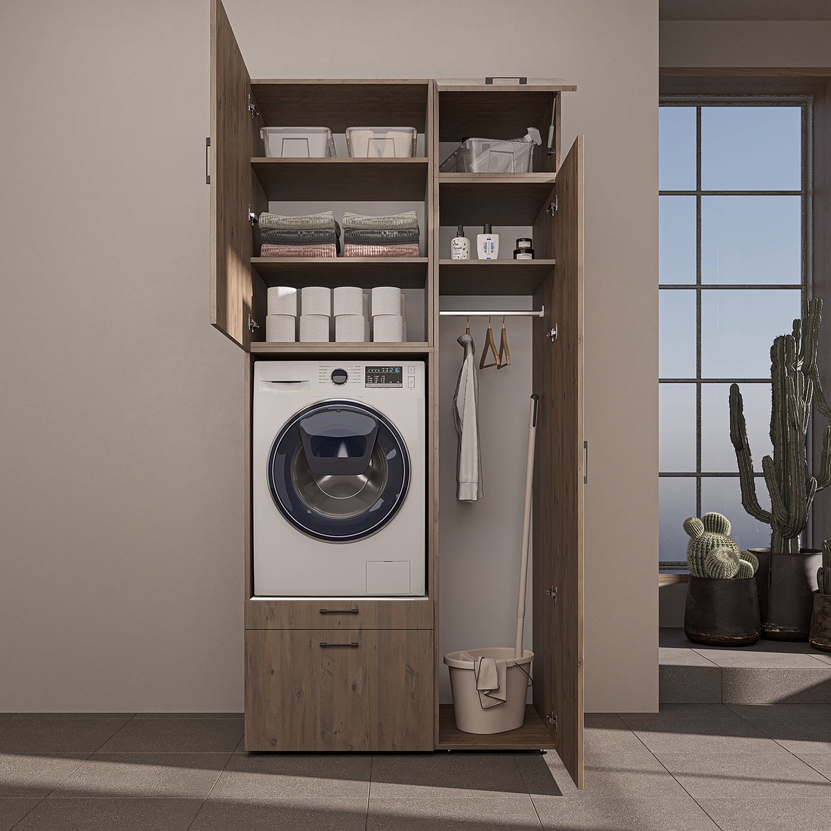 Roomart SERIE 2 Wasmachine Ombouwkast 112x240 cm - met Hoge Kast 45 - Eiken