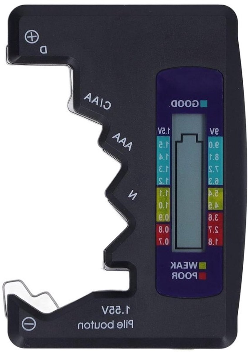 Digitale batterijtester - batterijcontroleur - batterijvermogen meten - helder lcd-scherm - 14 x 9 x 2 cm - zwart