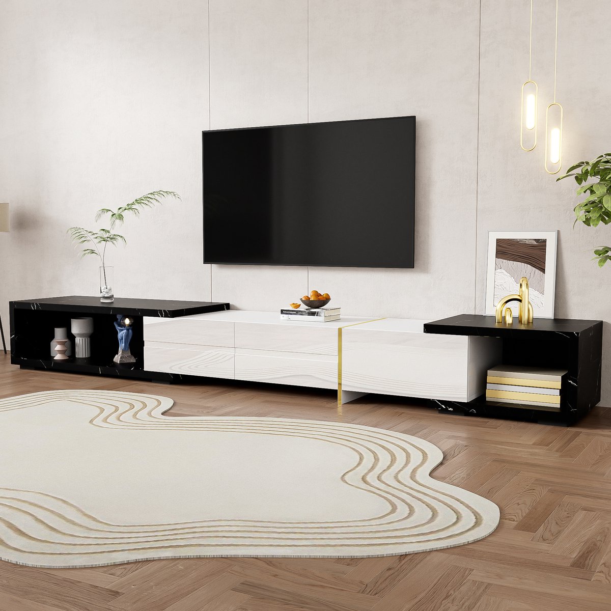 WUVRIE TV-meubel 140-260 cm - Uitschuifbaar en draaibaar - Zwarte marmerlook, wit en goud