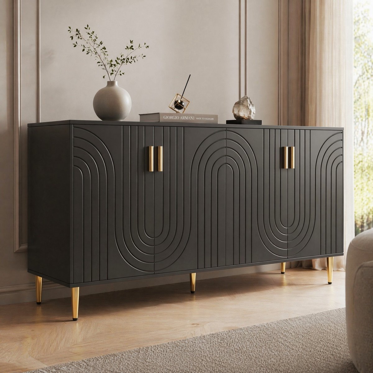WUVRIE Dressoir 152 x 40 x 75 cm - MDF met gouden handgrepen en poten - Zwart
