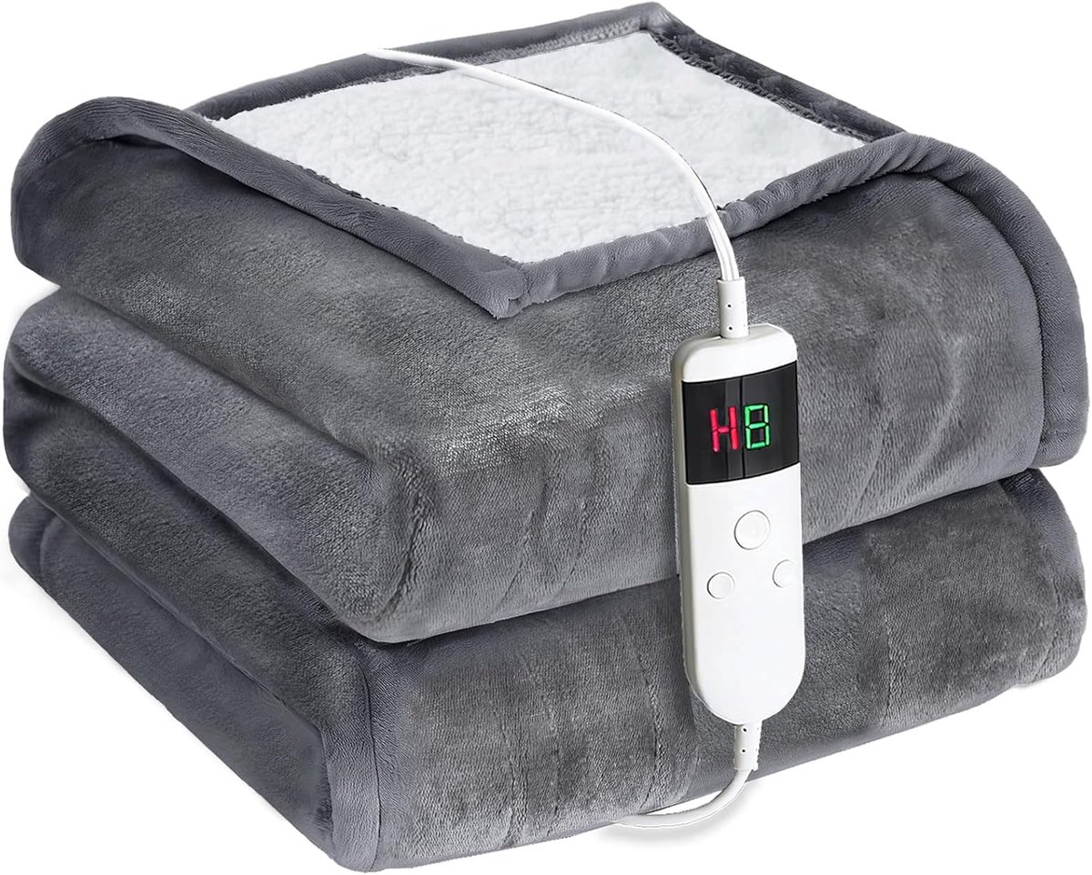 Warmtedeken met automatische uitschakeling, 130 x 180 cm, 10 verwarmingsstanden en 8-uurs timer, oververhittingsbeveiliging, machinewasbare verwarmingsdeken voor thuis en op