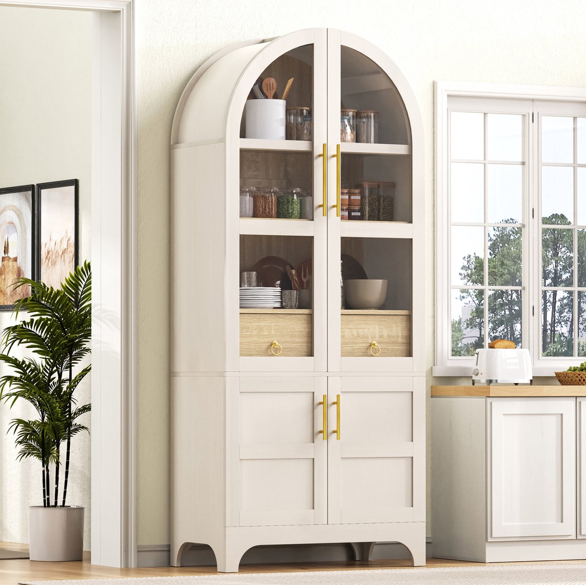 MODFU Keukenkast - Verstelbare Planken En Lade - Geribbeld Glas - MDF - Wit
