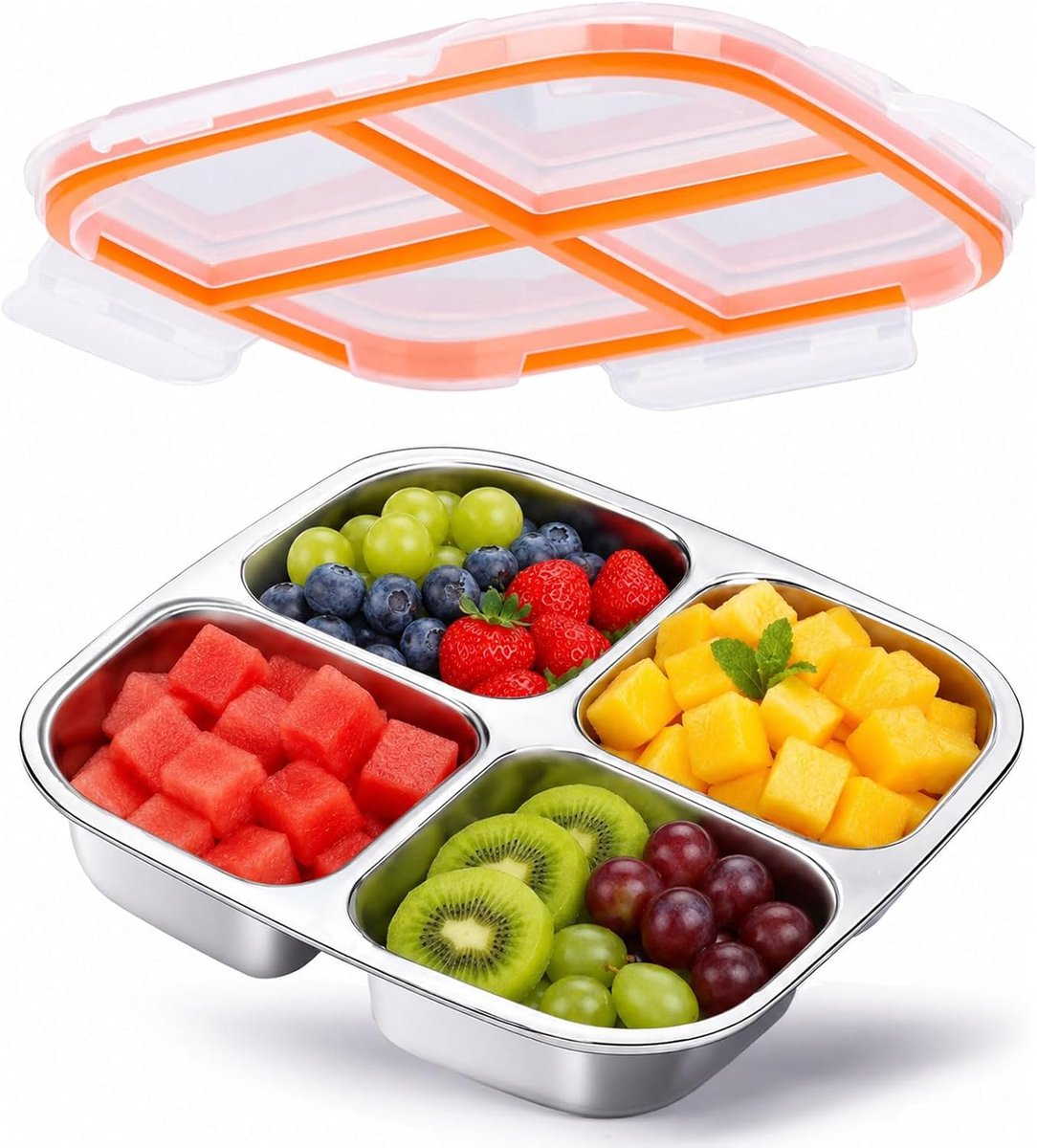 Snackbox met Vakken, Lunchbox met Vakken, Lekdichte Lunchbox met Deksel voor School, Werk & Kamperen (600ML)