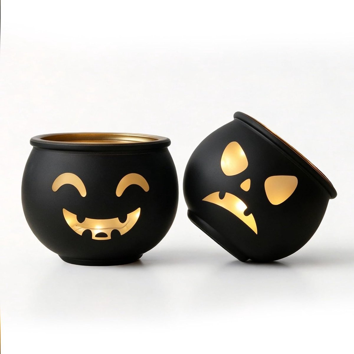 Set van 2 Halloween pompoen windlicht - zwarte theelichthouders met franje gezicht - Jack-O-lantaarn decoratie voor binnen