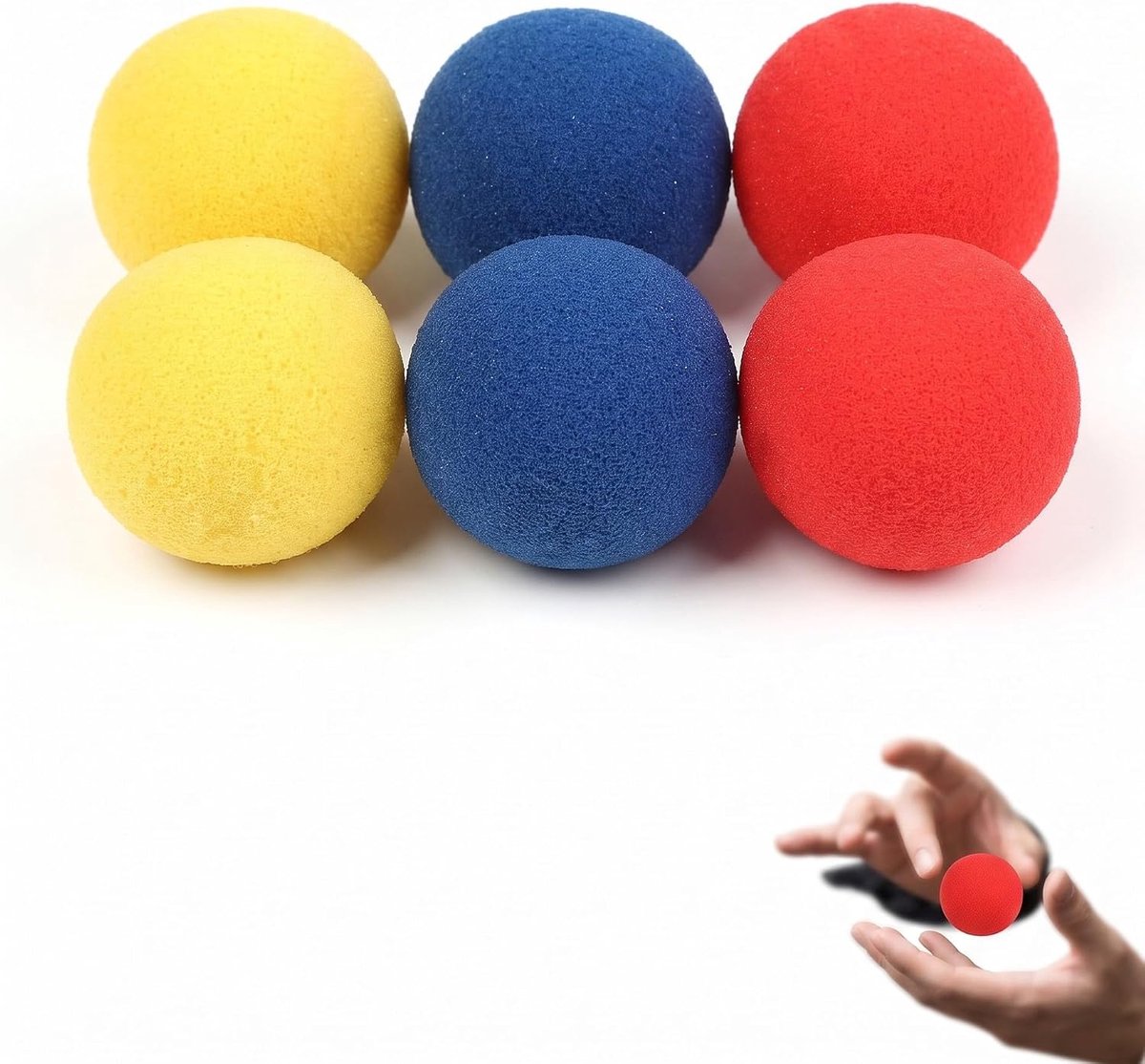 Set van 6 sponsballen, 4,5 cm (3 kleuren x 2), zachte Magic Sponge Balls voor tovertrucs en close-up magie, superelastische schuimballen, ideaal als kattenspeelgoed