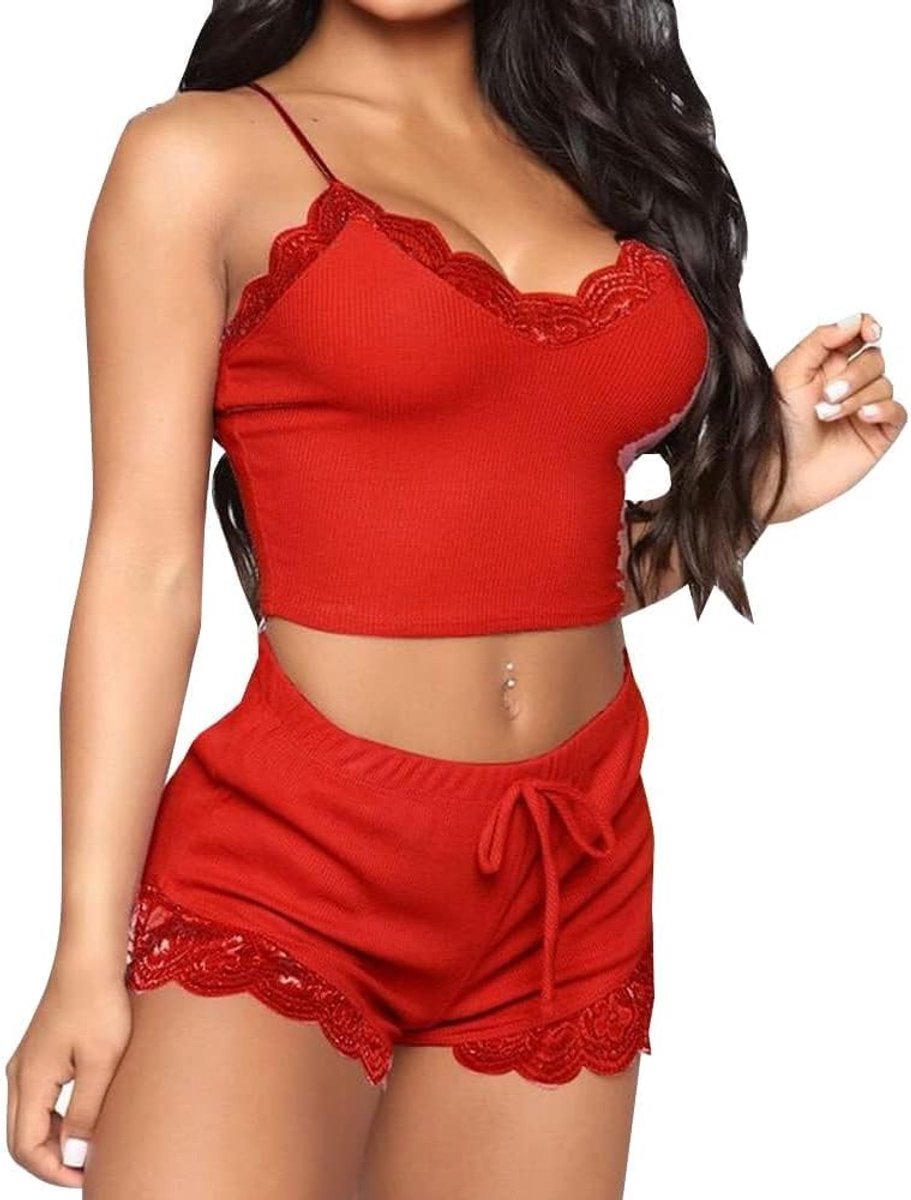 Pyjama Set Kanten Nachtkleding Slaapset Met Spaghettibandjes Crop Top en Shorts Lingerie Set Nachtmode Huispak Zomer Slaapkleding Voor Vrouwen Comfortabel en Verleidelijk
