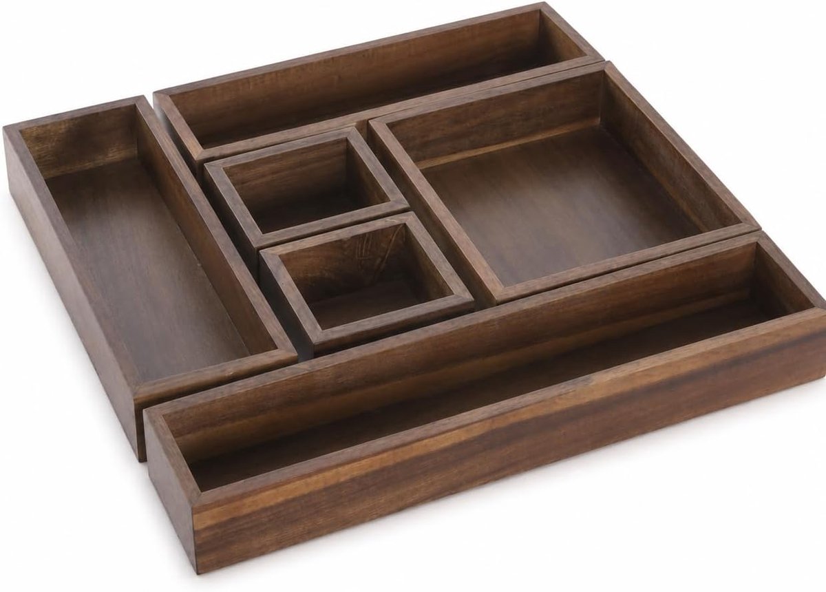 Lade-organizerset, 6 stuks, van natuurlijke acacia, 38 x 33 x 5 cm