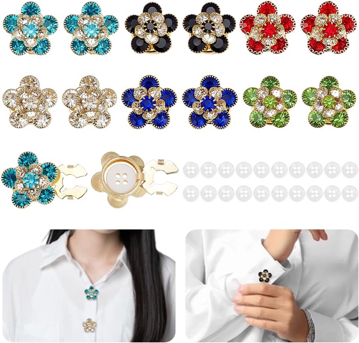 12 stuks strass bloemen knoopafdekkingen 6 kleuren kristal bloemen knop afdekkingen kleurrijk afneembaar goud verguld strass sieraden clip