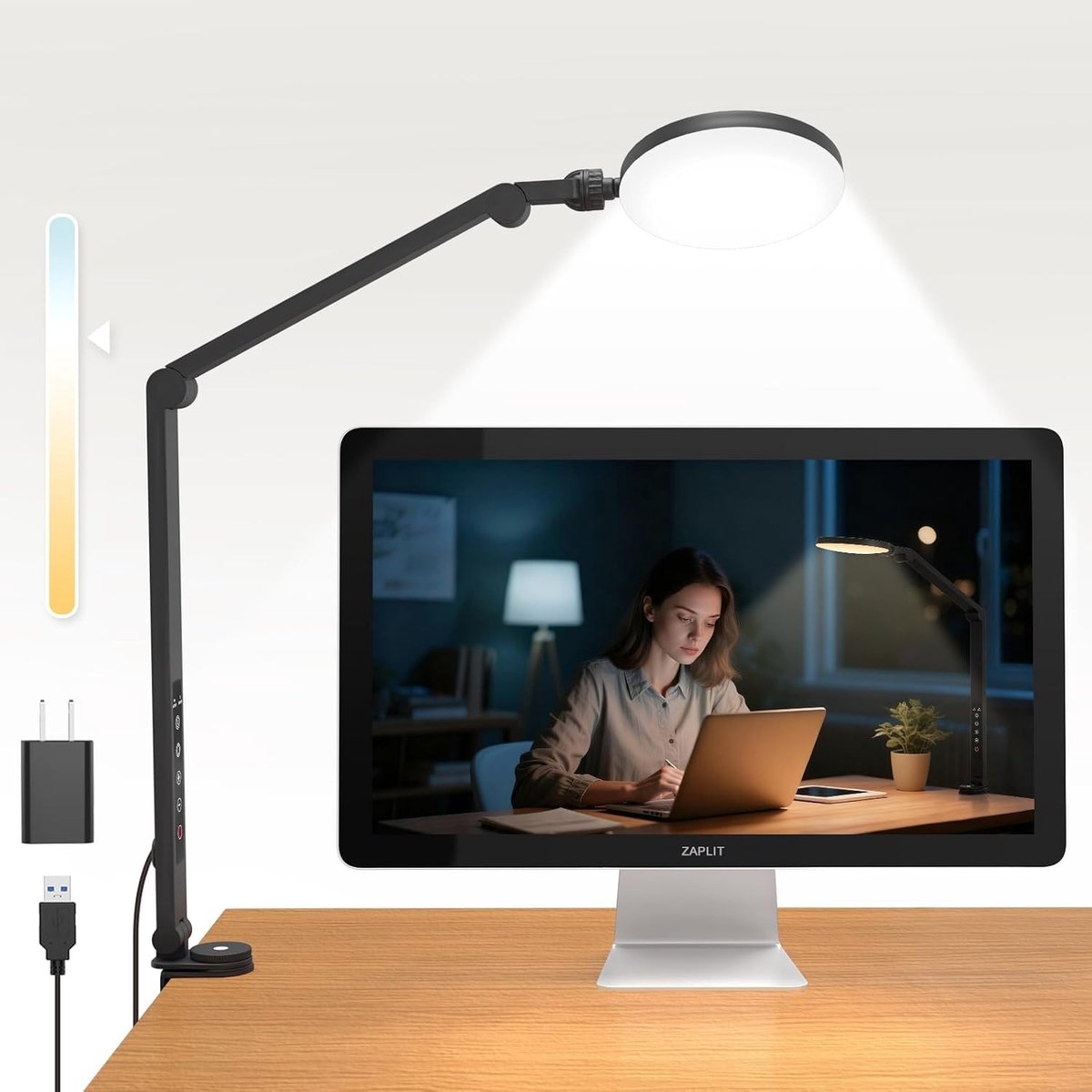Verstelbare bureaulamp met klem, 10W, aanraakbediening, 5 lichtkleuren en 10 helderheidsniveaus voor thuiswerken en videoconferenties