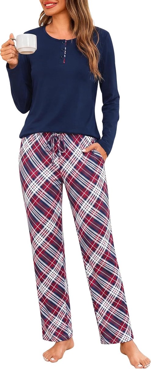 Henley-hals, geruite pyjamaset, nachtkleding met