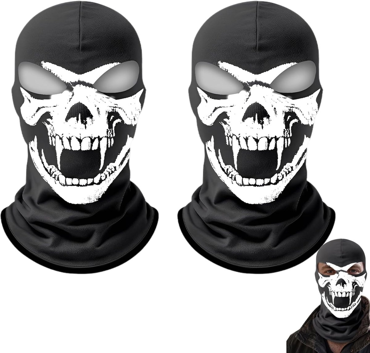 2 stuks realistische witte tanden skelet bivakmuts met enge skull print – elastische ijszijde gezichtsmasker unisex, ademend en sneldrogend, voor motor, outdoor, Halloween cosplay